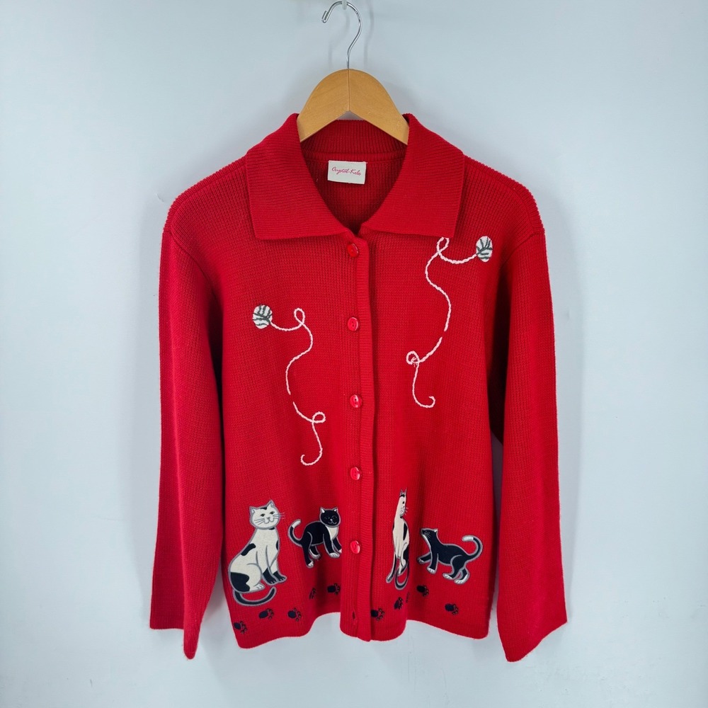 Crystal Kobe Cardigan Red Medium Cat Embroidery Yarn Ball Collared Button Up